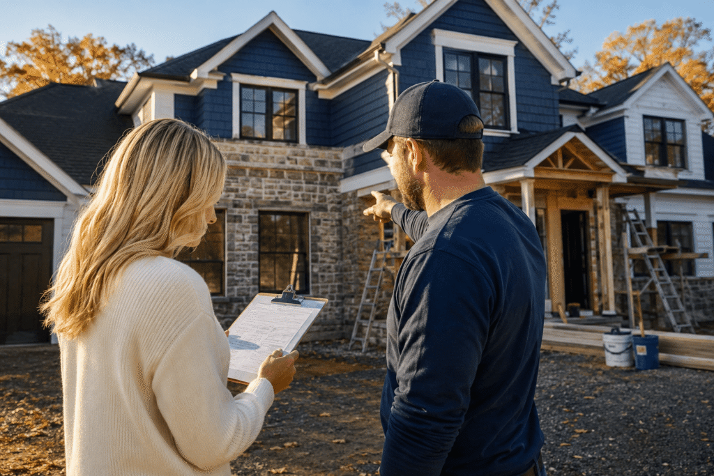 homeowner and a contractor standing outside a suburban home