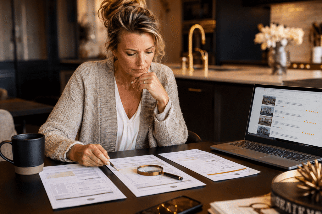homeowner at a kitchen table carefully comparing three different contractor estimate documents