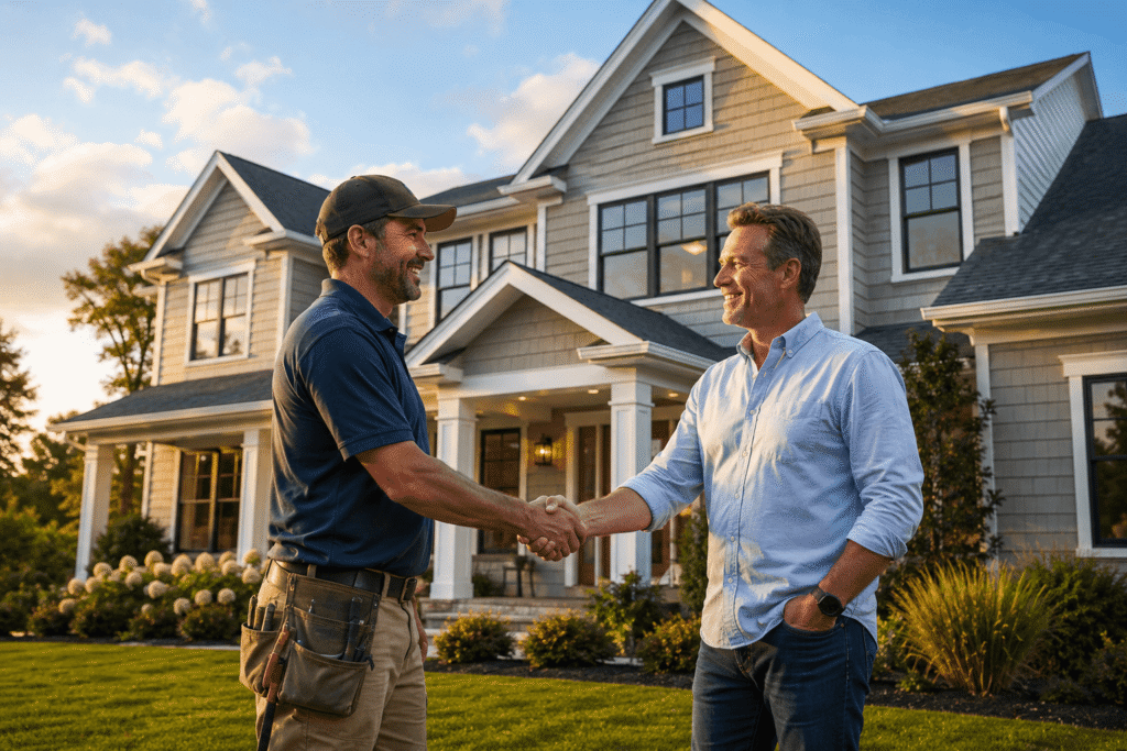 professional contractor shaking hands with a satisfied homeowner
