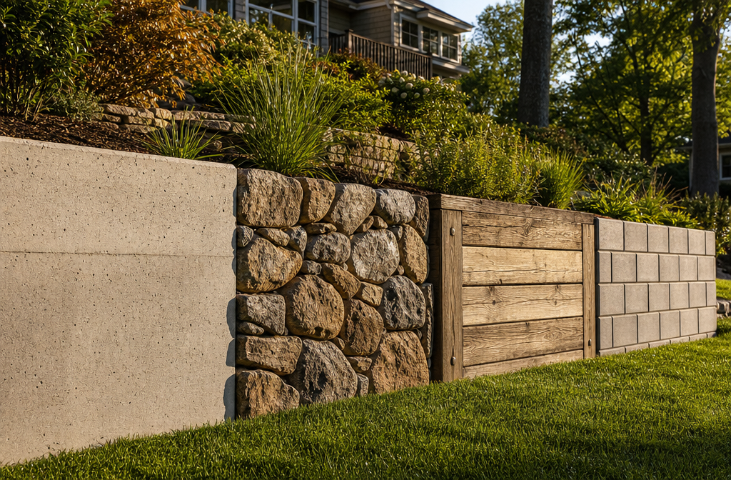side-by-side comparison of four retaining wall materials